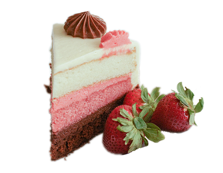 Slice of layered strawberry and chocolate cake with fresh strawberries.