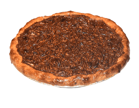 A pecan pie with a golden crust and rich nut filling.